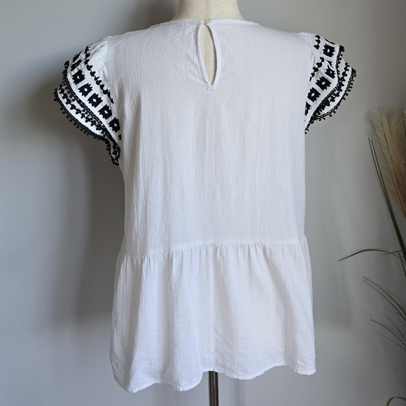LOFT White Black Linen Blend Embroidered Peplum Flutter Sleeve Shirt SZ Large - Picture 7 of 12